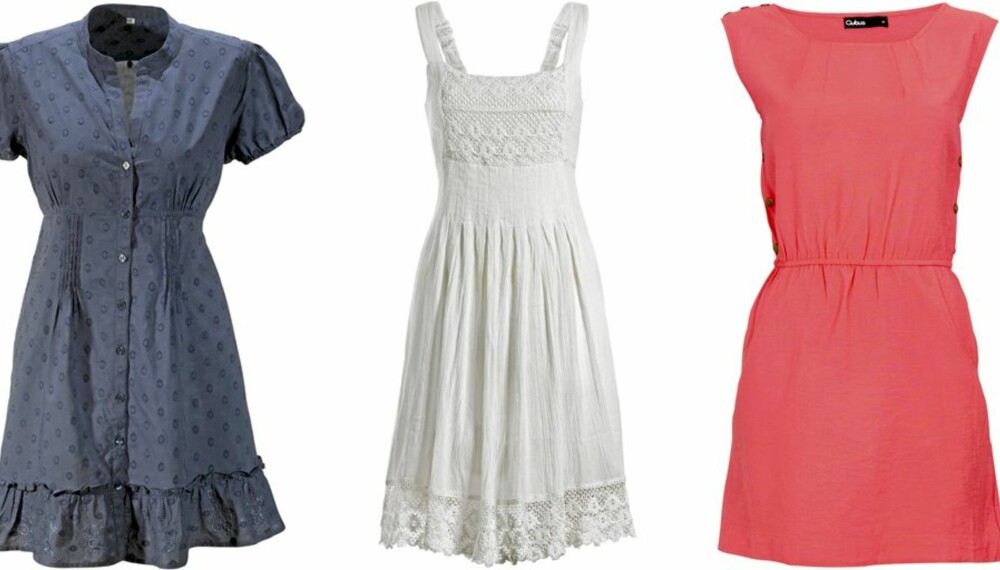 FRA VENSTRE: Blå kjole fra Ellos (kr 249), hvit kjole fra KappAhl (kr 299), korallkjole fra Cubus (kr 299).