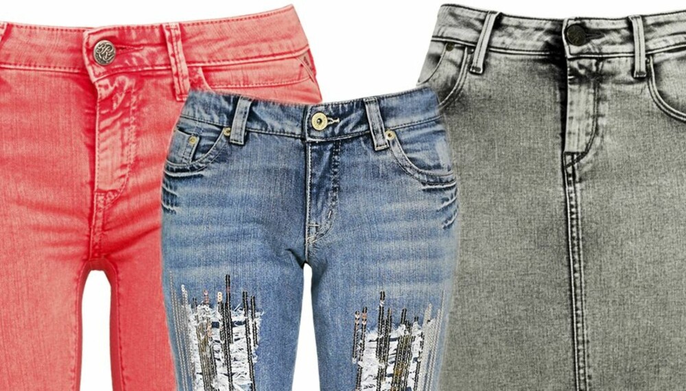 JEANS: De nye jeanstrendene for høsten er blant annet sterke farger, pynt og paljetter og sekretærskjørt.