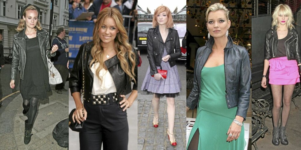 KJENDISER: Kjendiser i skinnjakker til inspirasjon og glede. Her ser du henholdsvis Diane Krüger, Lauren Konrad, Nicola Roberts, Kate Moss og Taylor Momsen. KJENDISER: Kjendiser i skinnjakker til inspirasjon og glede. Her ser du henholdsvis Diane Krüger, Lauren Konrad, Nicola Roberts, Kate Moss og Taylor Momsen.