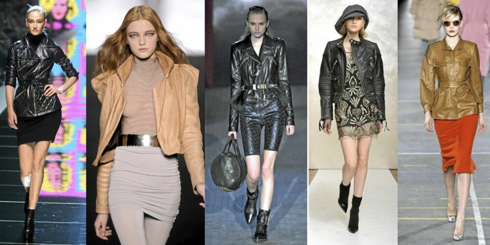 CATWALK: Det florerte av skinnjakker på catwalken for høstmoten. Fra venstre: Blumarine, Sophia Kokosalaki, Alexander Wang, Just Cavalli og Dries van Noten. CATWALK: Det florerte av skinnjakker på catwalken for høstmoten. Fra venstre: Blumarine, Sophia Kokosalaki, Alexander Wang, Just Cavalli og Dries van Noten.