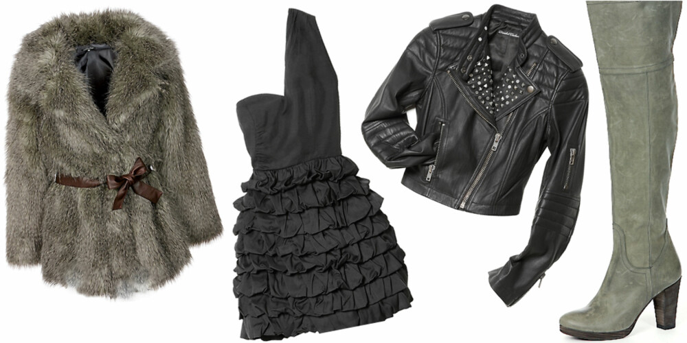 FRA V ENSTRE: Fuskepels fra Bik Bok (kr 899), asymmetrisk kjole fra H&M (kr 699), bikerjakke fra H&M (kr 1499), høye støvletter fra APAIR (kr 4399). FRA V ENSTRE: Fuskepels fra Bik Bok (kr 899), asymmetrisk kjole fra H&M (kr 699), bikerjakke fra H&M (kr 1499), høye støvletter fra APAIR (kr 4399).