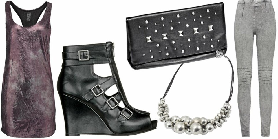 FRA VENSTRE: Paljettkjole fra Zara (kr 299), sko fra Din Sko (kr 499), clutchveske med nagler fra H&M (kr 149), smykke fra Indiska (kr 129), steinvasket bukse fra HogM (kr 399).