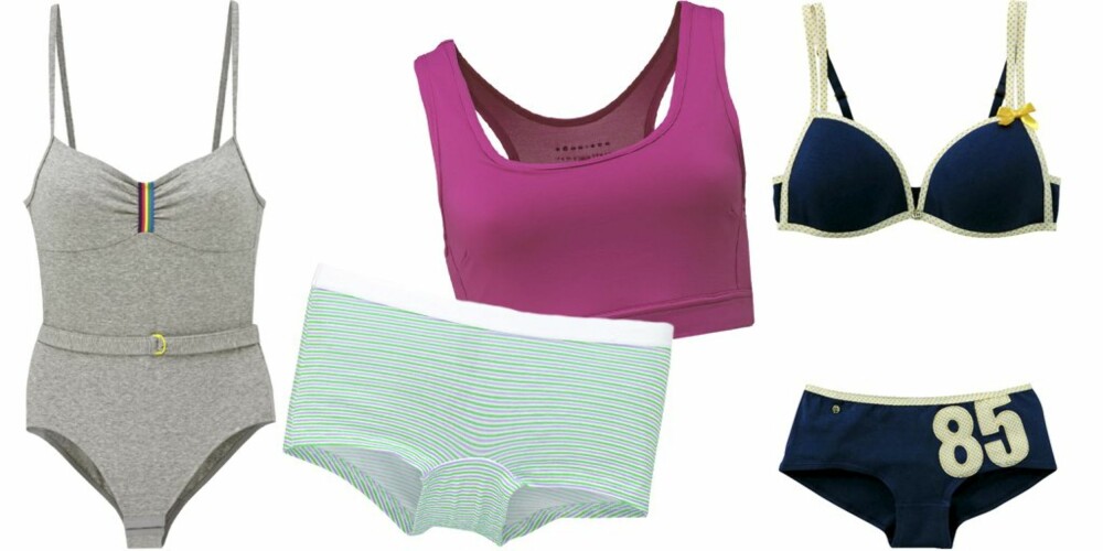 FRA VENSTRE: Body fra Miss Triumph (kr 199), Hipstertruse fra Everyday Godess (kr 79), sports-bh fra Röhnisch (kr 349), sett fra Tommy Hilfiger (kr 399 pr. del). FRA VENSTRE: Body fra Miss Triumph (kr 199), Hipstertruse fra Everyday Godess (kr 79), sports-bh fra Röhnisch (kr 349), sett fra Tommy Hilfiger (kr 399 pr. del).