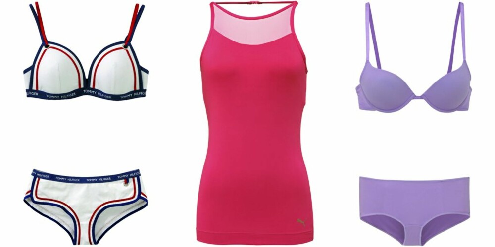 FRA VENSTRE: Sett fra Tommy Hilfiger (kr 299 pr. del), topp med innebygd bg fra Puma (kr 400), sett fra Everyday Godess (kr 199 for bh og kr 79,50 for truse). FRA VENSTRE: Sett fra Tommy Hilfiger (kr 299 pr. del), topp med innebygd bg fra Puma (kr 400), sett fra Everyday Godess (kr 199 for bh og kr 79,50 for truse).