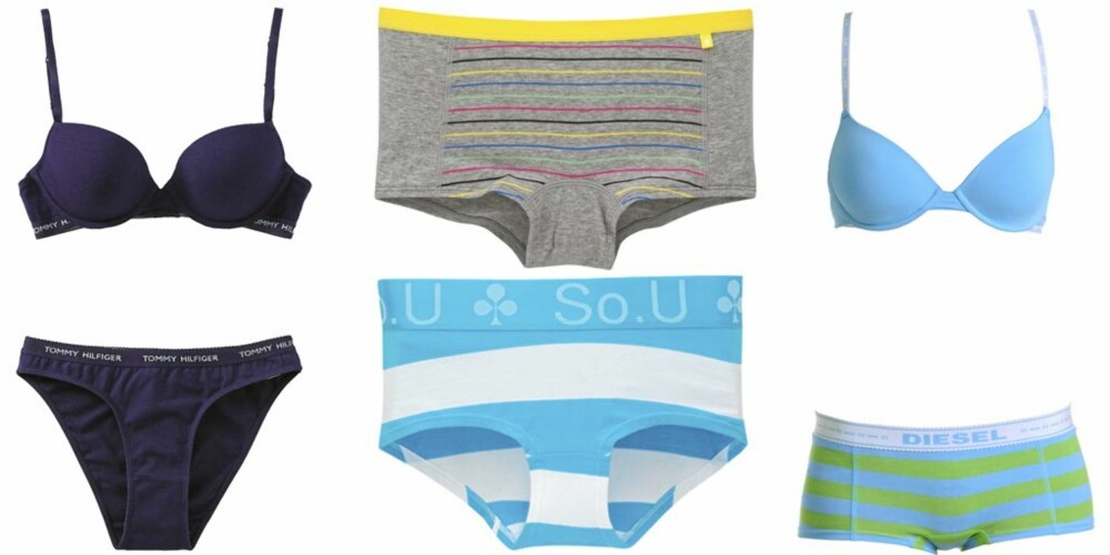 FRA VENSTRE: Sett fra Tommy Hilfiger (kr 299 pr. del), grå hipdtertruse fra Miss Triumph (kr 99), stripete truse fra Lindex (kr 69), sett fra Diesel (kr 299 for bh og kr 249 for hipster). FRA VENSTRE: Sett fra Tommy Hilfiger (kr 299 pr. del), grå hipdtertruse fra Miss Triumph (kr 99), stripete truse fra Lindex (kr 69), sett fra Diesel (kr 299 for bh og kr 249 for hipster).