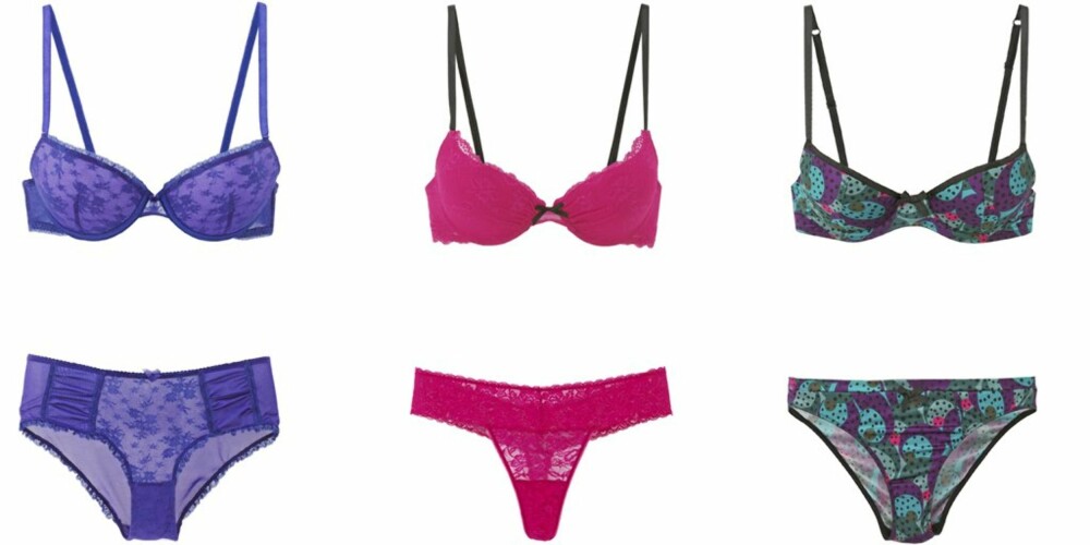 FRA VENSTRE: Sett fra Lindex (kr 99 for bh og kr 69 for truse), sett fra Gina Tricot (kr 129 for bh og kr 59 for truse), sett fra Princess Tam tam (kr 645 for bh og kr 395 for truse). FRA VENSTRE: Sett fra Lindex (kr 99 for bh og kr 69 for truse), sett fra Gina Tricot (kr 129 for bh og kr 59 for truse), sett fra Princess Tam tam (kr 645 for bh og kr 395 for truse).