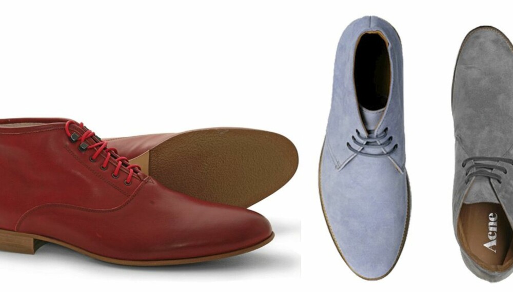 URBAN: Røde sko fra Bobbie Burns, kr 1499. Lyseblå semskede eller lysegrå semskede sko, begge fra Acne ca kr 1900 per par.