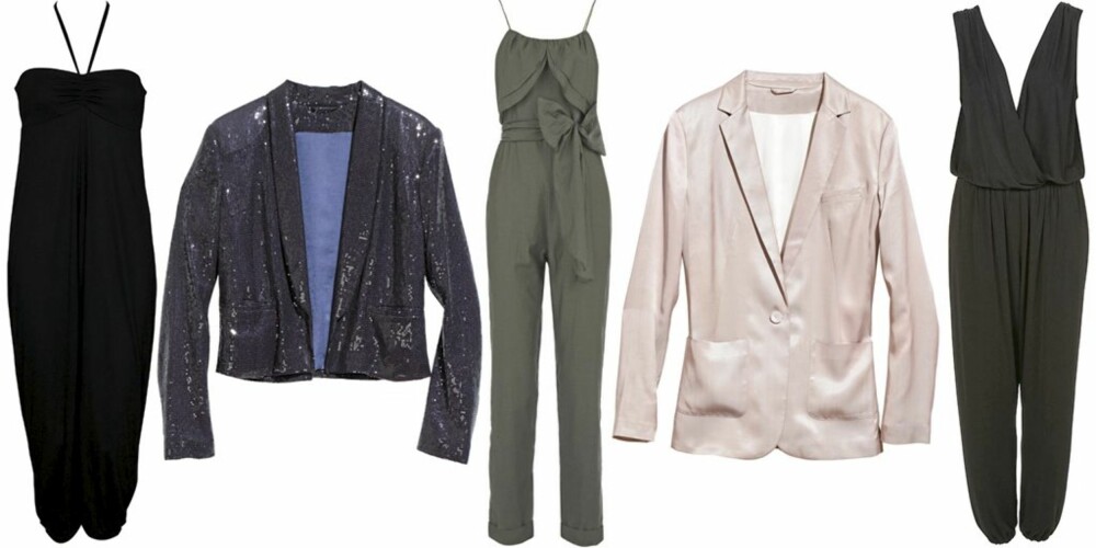 FRA VENSTRE: Buksedress fra Modström (kr 599), blazer med paljetter fra H&M (kr 599), buksedress fra Paul og Joe Sister (kr 1867), blazer fra H&M (kr 499), buksedress fra Topshop (kr 558). FRA VENSTRE: Buksedress fra Modström (kr 599), blazer med paljetter fra H&M (kr 599), buksedress fra Paul og Joe Sister (kr 1867), blazer fra H&M (kr 499), buksedress fra Topshop (kr 558).