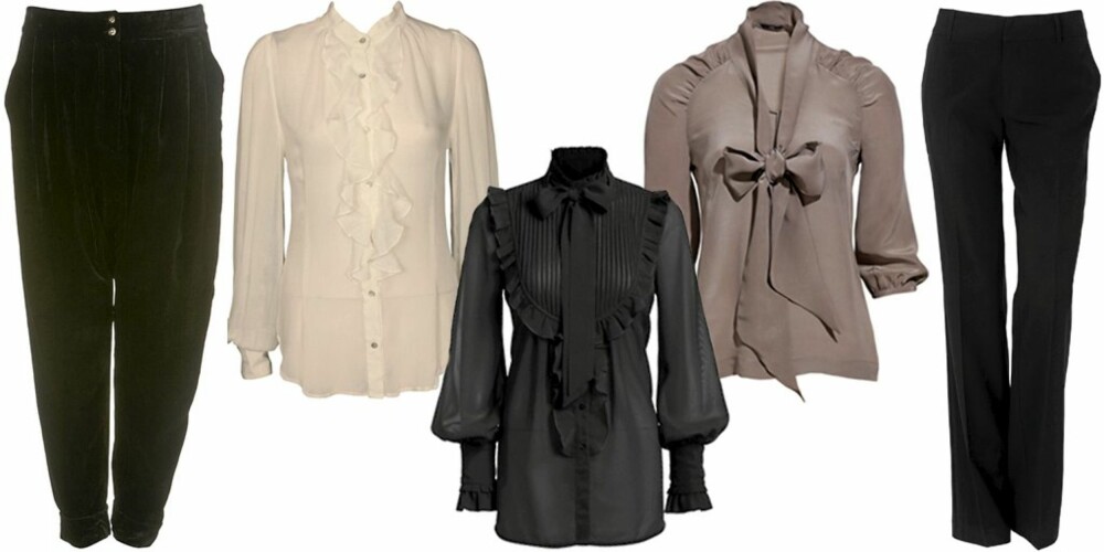FRA VENSTRE: Haremsbukse i fløyel fra Topshop (kr 465), hvis bluse fra Nolita (kr 1249), svart bluse fra Ellos (kr 349), brun bluse fra H&M (kr 399), penbukse fra Lene V (kr 399,50). FRA VENSTRE: Haremsbukse i fløyel fra Topshop (kr 465), hvis bluse fra Nolita (kr 1249), svart bluse fra Ellos (kr 349), brun bluse fra H&M (kr 399), penbukse fra Lene V (kr 399,50).