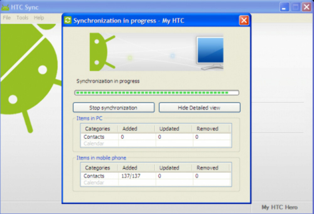 HTC Tattoo kan du synkronisere mot PC-en med HTC Sync programvaren som følger med på telefonens minnekort.