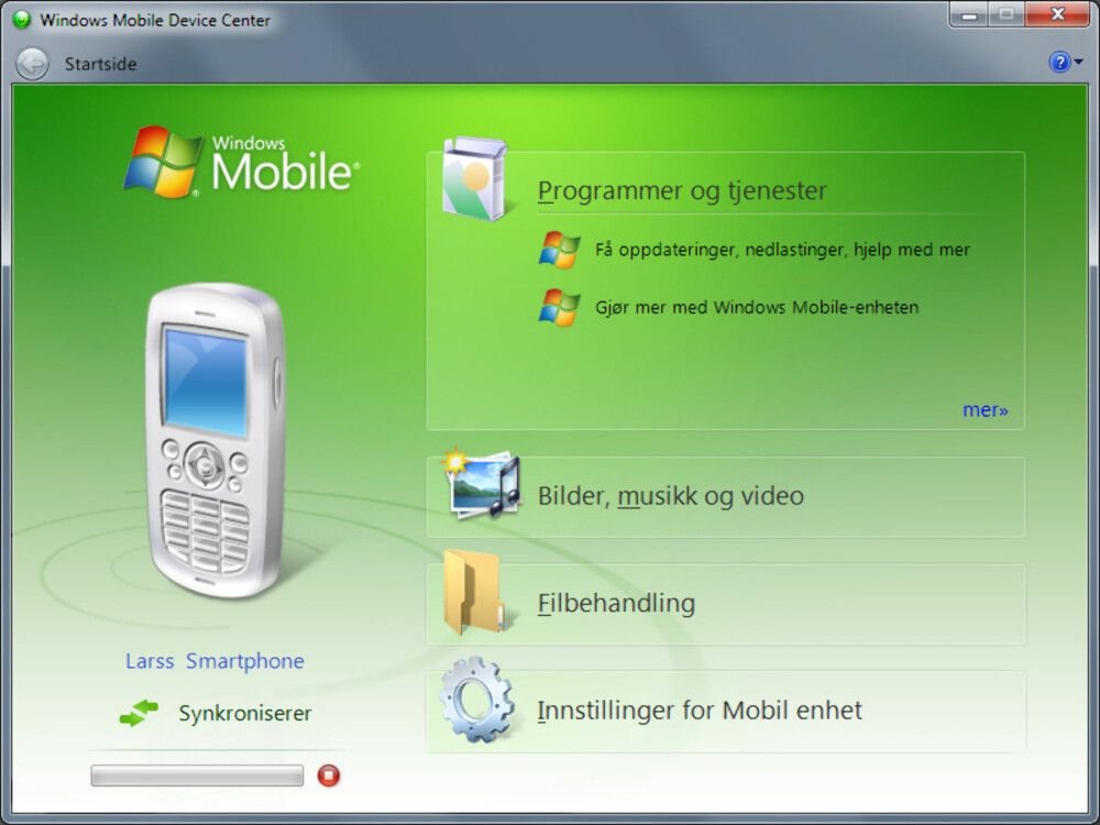 Ekte Windows-mobiler bruker Windows Mobile Device Center.