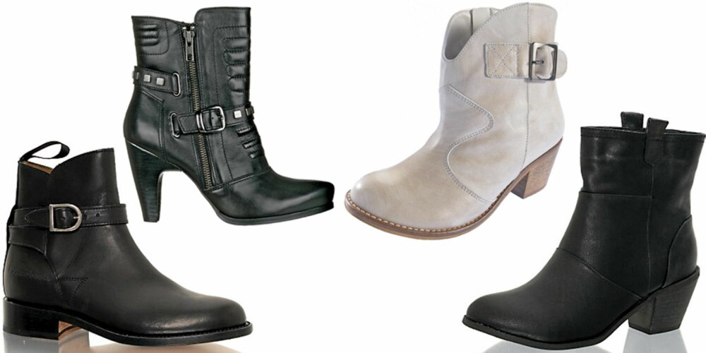 FRA VENSTRE: Primeboots (kr 1995), Din Sko (kr 699), La Redoute (kr 1149), Nelly Shoes (kr 279).