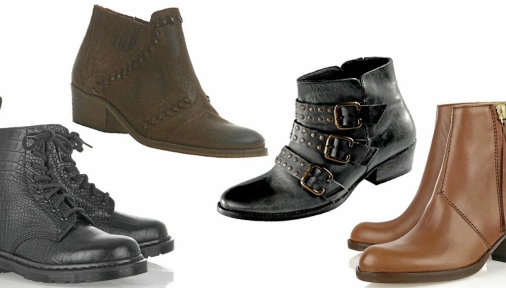 FRA VENSTRE: Dr. Martens (kr 1200), Topshop (kr 608), Ellos (kr 799), Acne (kr 3500).