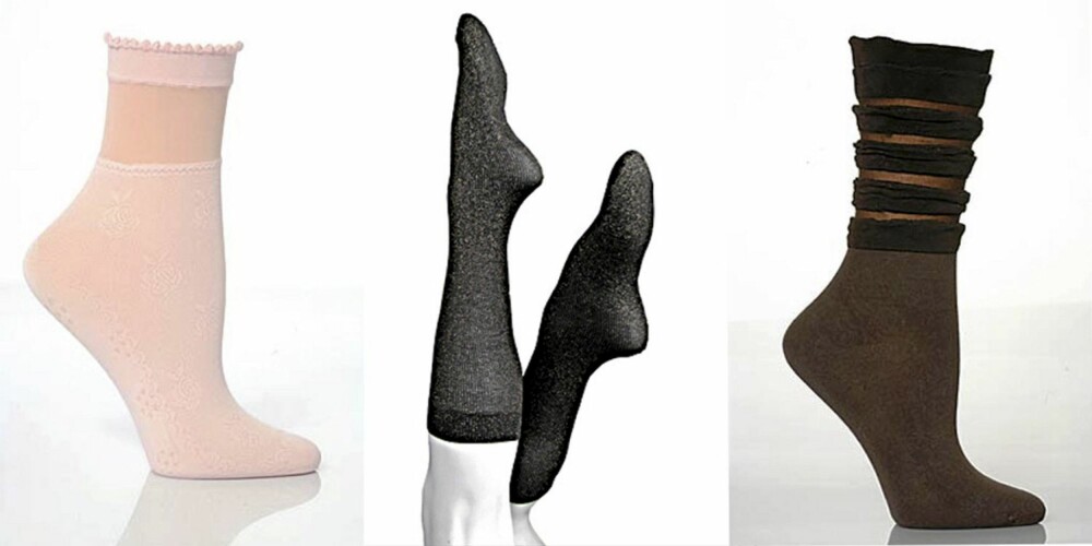 FRA VENSTRE: Rosa sokker fra Sockshop (ca. kr 50), svarte sokker fra Stockingirl (ca. kr 60), svarte sokker fra Sockshop (ca. kr 45).