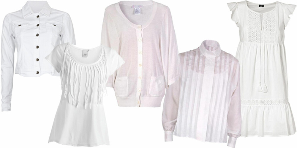 FRA VENSTRE: Jakke fra Cubus (kr 399), topp fra Ellos (kr 149), genser fra Paul & Joe Sister (kr 1150), bluse fra Acne (kr 1300), kjole fra H&M (kr 199). FRA VENSTRE: Jakke fra Cubus (kr 399), topp fra Ellos (kr 149), genser fra Paul & Joe Sister (kr 1150), bluse fra Acne (kr 1300), kjole fra H&M (kr 199).