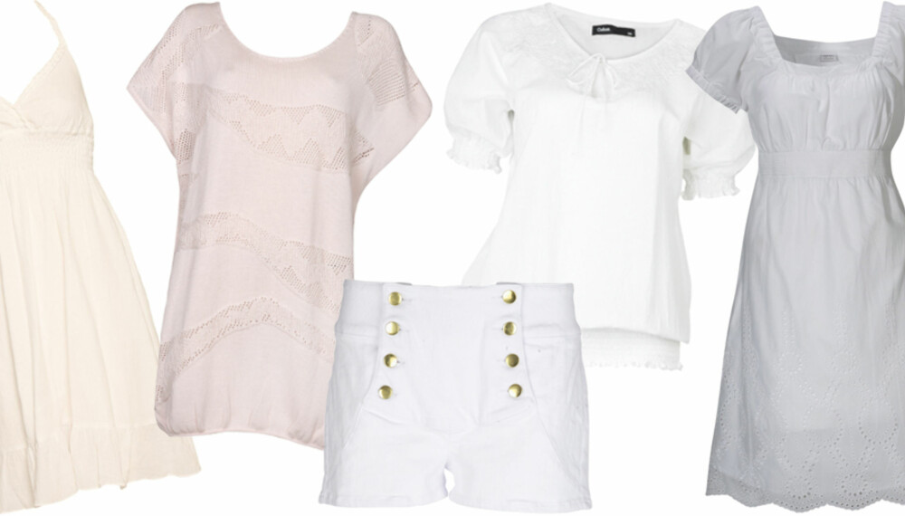 FRA VENSTRE: Kjole fra Saint Tropez (kr 399), topp fra Vila (kr 300), shorts fra Only (kr 300), topp fra Cubus (kr 199), kjole fra Esprit (kr 699). FRA VENSTRE: Kjole fra Saint Tropez (kr 399), topp fra Vila (kr 300), shorts fra Only (kr 300), topp fra Cubus (kr 199), kjole fra Esprit (kr 699).