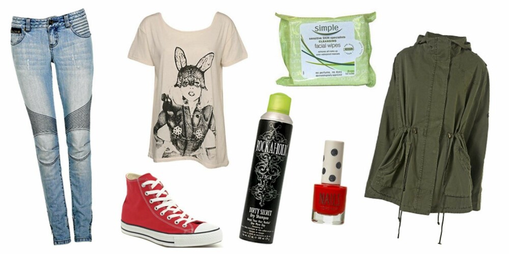 FRA VENSTRE: Bukse fra Cubus (kr 499), T-skjorte fra At Least (kr 299), sko fra Converse (kr 359), Simple Cleansing Wipes (kr 45), Tigi Rockaholic Dirty Secret Dry Shampoo (kr 149), Topshop neglelakk i fargen In the Red (kr 48), jakke fra Topshop (kr 533). FRA VENSTRE: Bukse fra Cubus (kr 499), T-skjorte fra At Least (kr 299), sko fra Converse (kr 359), Simple Cleansing Wipes (kr 45), Tigi Rockaholic Dirty Secret Dry Shampoo (kr 149), Topshop neglelakk i fargen In the Red (kr 48), jakke fra Topshop (kr 533).