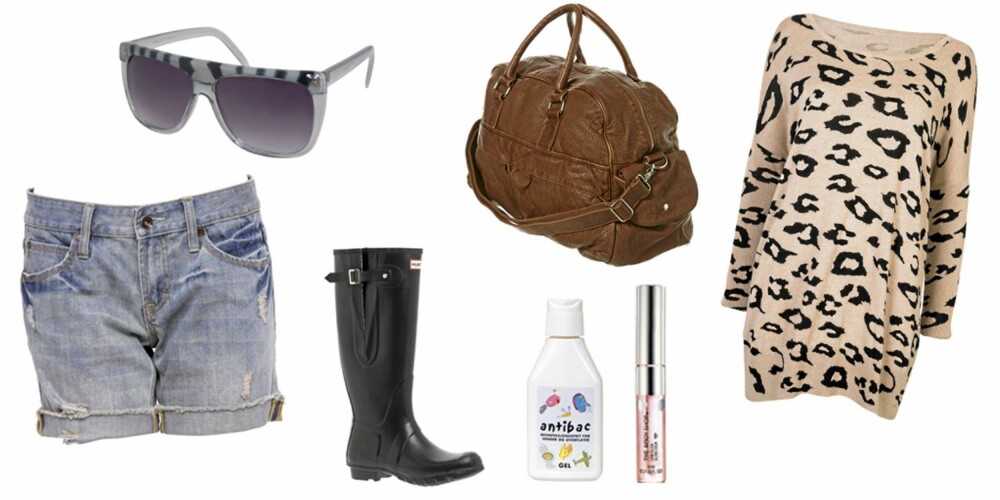 FRA VENSTRE: Denimshorts fra Asos (kr 274), solbriller fra Jeepers Peepers (kr 127), støvler fra Hunter (kr 635), bag fra Topshop (kr 440), Antibac (kr 55), The Body Shop Love Gloss (kr 129), genser fra Cubus (kr 299). FRA VENSTRE: Denimshorts fra Asos (kr 274), solbriller fra Jeepers Peepers (kr 127), støvler fra Hunter (kr 635), bag fra Topshop (kr 440), Antibac (kr 55), The Body Shop Love Gloss (kr 129), genser fra Cubus (kr 299).