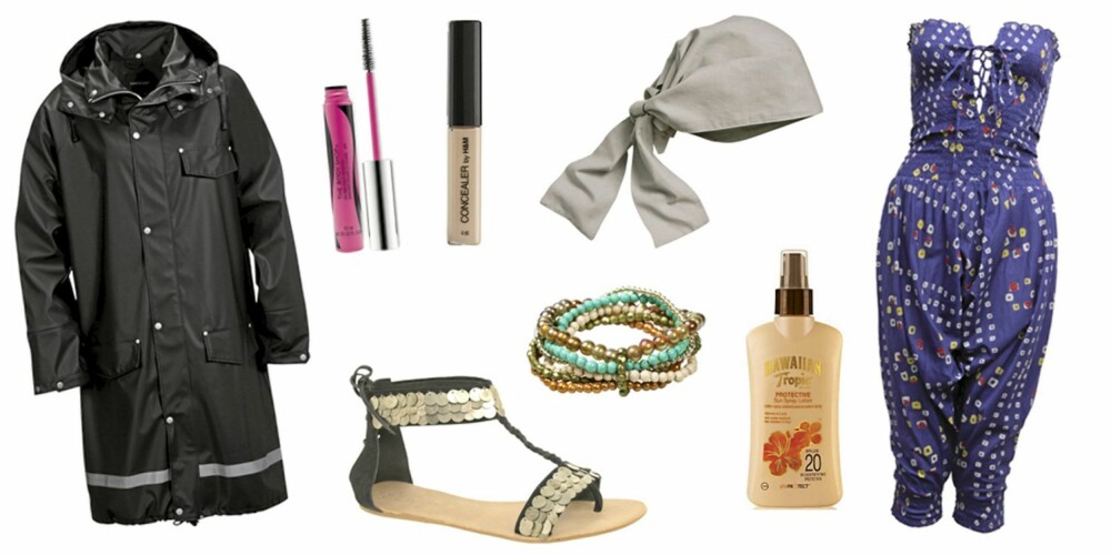 FRA VENSTRE: Regnfrakk fra Ellos (kr 250), The Body Shop Big and Curvy Mascara (kr 159), concealer fra H&M (kr 40), sandaler fra Mango (kr 405), turban /skaut fra Ellos (kr 104), armbånd fra Cubus (kr 149), Hawaiian Tropic Sun Lotion (kr 105), playsuit fra Asos (kr 272). FRA VENSTRE: Regnfrakk fra Ellos (kr 250), The Body Shop Big and Curvy Mascara (kr 159), concealer fra H&M (kr 40), sandaler fra Mango (kr 405), turban /skaut fra Ellos (kr 104), armbånd fra Cubus (kr 149), Hawaiian Tropic Sun Lotion (kr 105), playsuit fra Asos (kr 272).