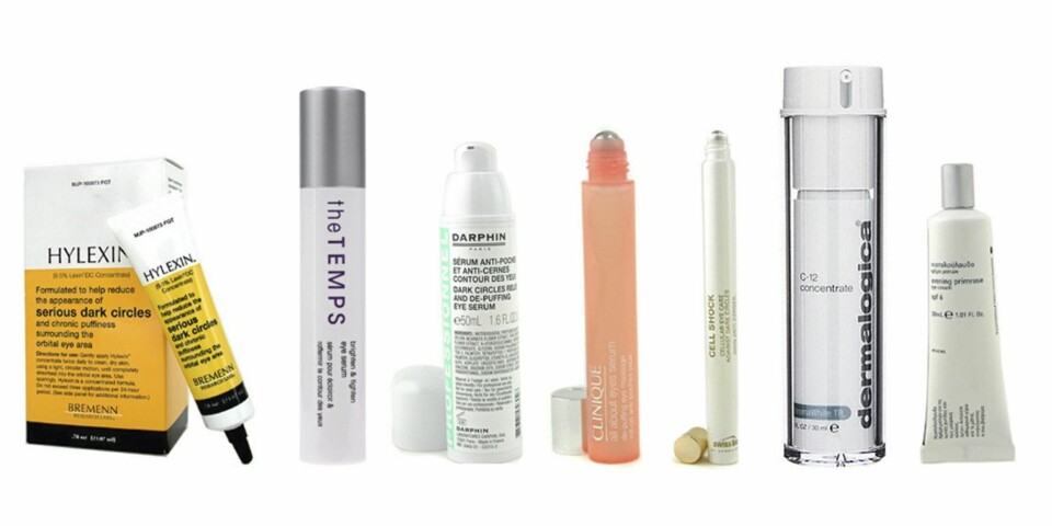 FRA VENSTRE: Bremen Research Labs Hylexin (kr 718), MD Formulations The Temps Brighten and Tighten Eye Serum (kr 339), Darphin Dark Circles Releif and De-Puffing Eye Massage (kr 283), Swissline Cell Shock Cellular Eye Care  (kr 510), Dermalogica C-12 Concentrate (kr 539), Korres Evening Primrose Eye Cream (kr 261).