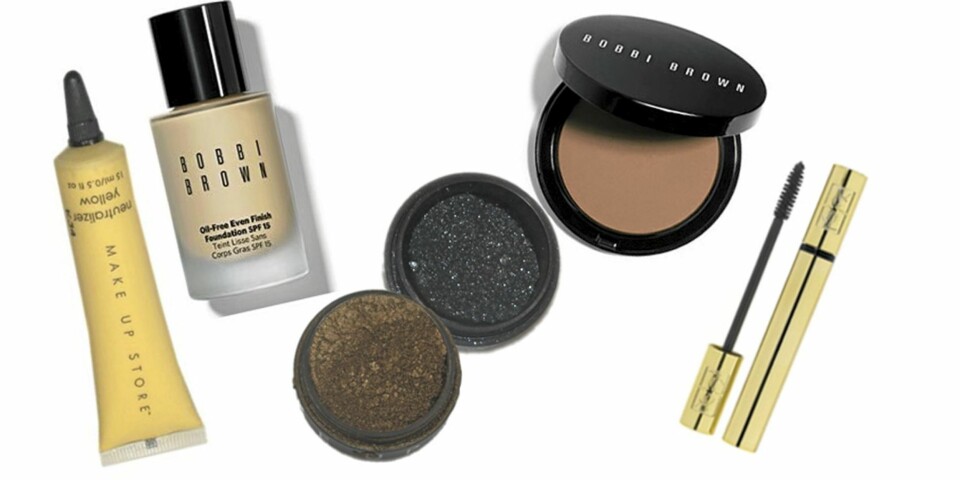 FRA VENSTRE: Make Up Store: Neutralizer Yellow for gule pigmenter (kr 165), Bobbi Brown: Moisture Rich Foundation hvor mørkeste farge er espresso (ca kr 245), Make Up Store: Eye dust i fargene Inka og Darkness for dramatiske øyne (kr 135), Bobbi Brwon: Bronzing Powder fåes i fargen deep brown (ca kr 290), YSL: Mascara Volume Infini Curl for volum på vippene (kr 255).