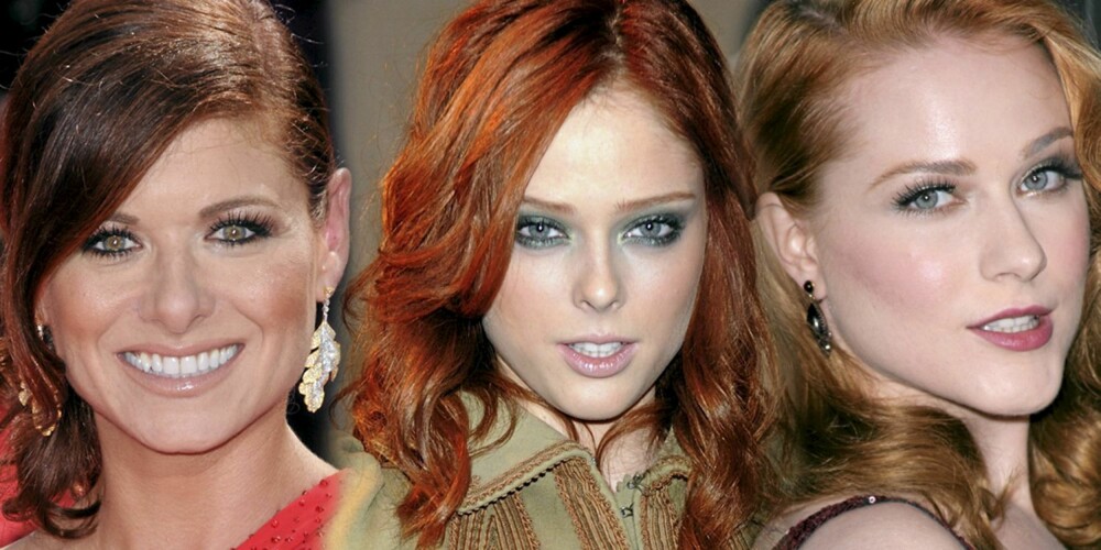 KJENDISREDHEADS: Kjente vakre kvinner som ikke er redd for å bruke makeup. Fra venstre: Debra Messing, Coco Rocha og Evan Rachel Woods.