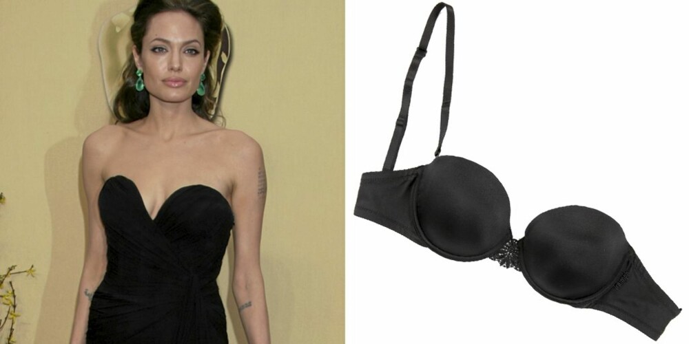 STROPPELØS: Angelina Jolie i en stroppeløs kjole. Bh med avtagbare stropper fra Triumph (kr 279).