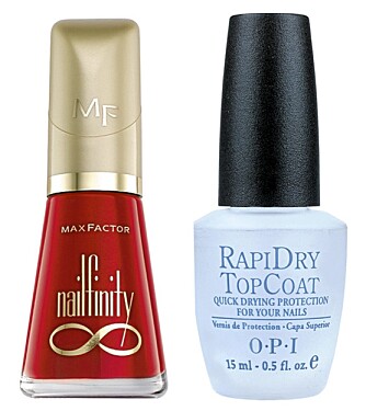 NEGLER: Mac Factor Nailfinity neglelakk (kr 95), OPI Rapid Dry Top Coat (kr 179).