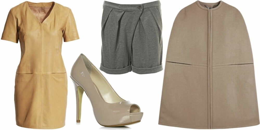 FRA VENSTRE: kjole fra H&M (kr 999), sko fra Next (kr 239), shorts fra Topshop (kr 190), cape fra Stella McCartney (kr 6696).