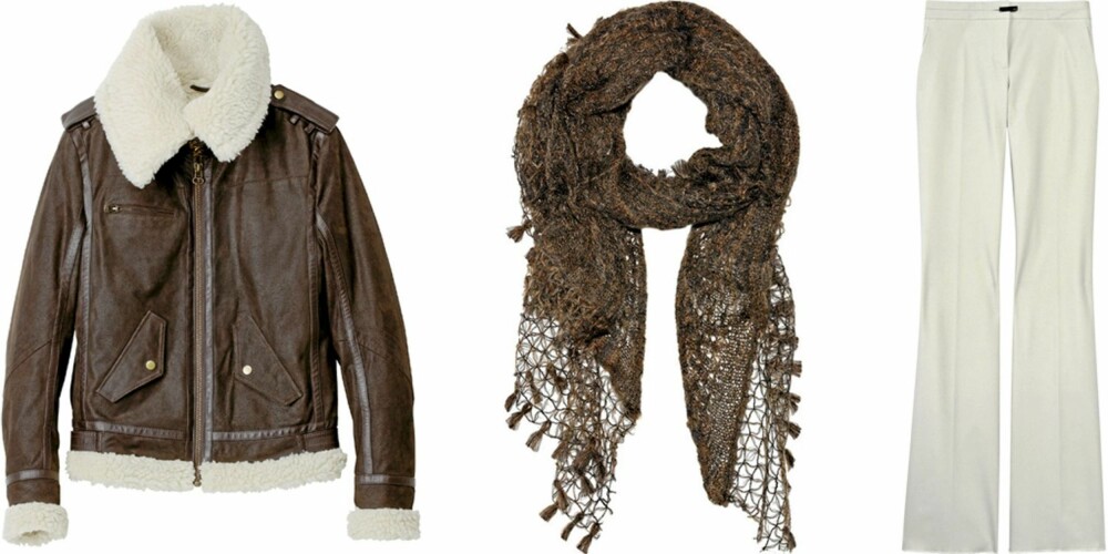 FRA VENSTRE: Pilotjakke med fôr fra HM (kr 1999), mohairskjerf fra Missoni (kr 1560), woolblend bukse fra Gucci (kr 5700). FRA VENSTRE: Pilotjakke med fôr fra HM (kr 1999), mohairskjerf fra Missoni (kr 1560), woolblend bukse fra Gucci (kr 5700).