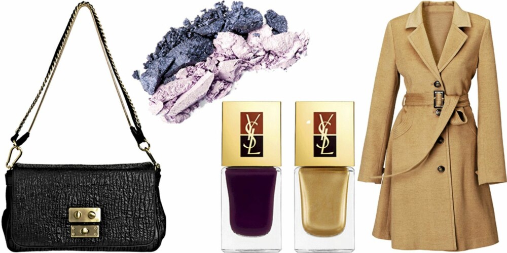FRA VENSTRE: Veske fra By Malene Birger (kr 1699), Mac Mineralize Eyeshadow i fargen Togetherness (kr 185), YSL neglelakksett No. 3 Belle de Nuit (kr 255), kamelfarget kåpe fra HM (kr 799). FRA VENSTRE: Veske fra By Malene Birger (kr 1699), Mac Mineralize Eyeshadow i fargen Togetherness (kr 185), YSL neglelakksett No. 3 Belle de Nuit (kr 255), kamelfarget kåpe fra HM (kr 799).