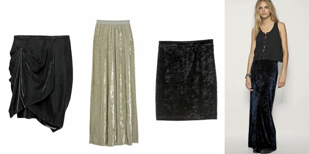 FRA VENSTRE: Kort skjørt fra H&M (kr 299), langt sølvfarget skjørt fra Marc Jacobs (kr 17194), kort skjørt fra Weekday (kr 400), maxiskjørt fra Minkpink (kr 517). FRA VENSTRE: Kort skjørt fra H&M (kr 299), langt sølvfarget skjørt fra Marc Jacobs (kr 17194), kort skjørt fra Weekday (kr 400), maxiskjørt fra Minkpink (kr 517).