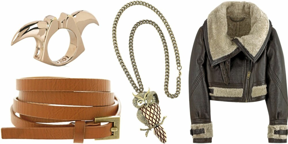 FRA VENSTRE: Belte fra Asos (kr 96), 22 karat gullbelagt ring fra Dominic Jones (kr 4698), aviator skinnjakke med saueullsfôr fra Burberry Prorsum (kr 16.500). FRA VENSTRE: Belte fra Asos (kr 96), 22 karat gullbelagt ring fra Dominic Jones (kr 4698), aviator skinnjakke med saueullsfôr fra Burberry Prorsum (kr 16.500).