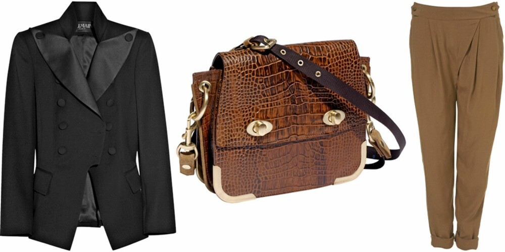 FRA VENSTRE: Smokinjakke fra Balmain (kr 25.715), veske fra HM (kr 699), haremsbukse fra Topshop (kr 350). FRA VENSTRE: Smokinjakke fra Balmain (kr 25.715), veske fra HM (kr 699), haremsbukse fra Topshop (kr 350).