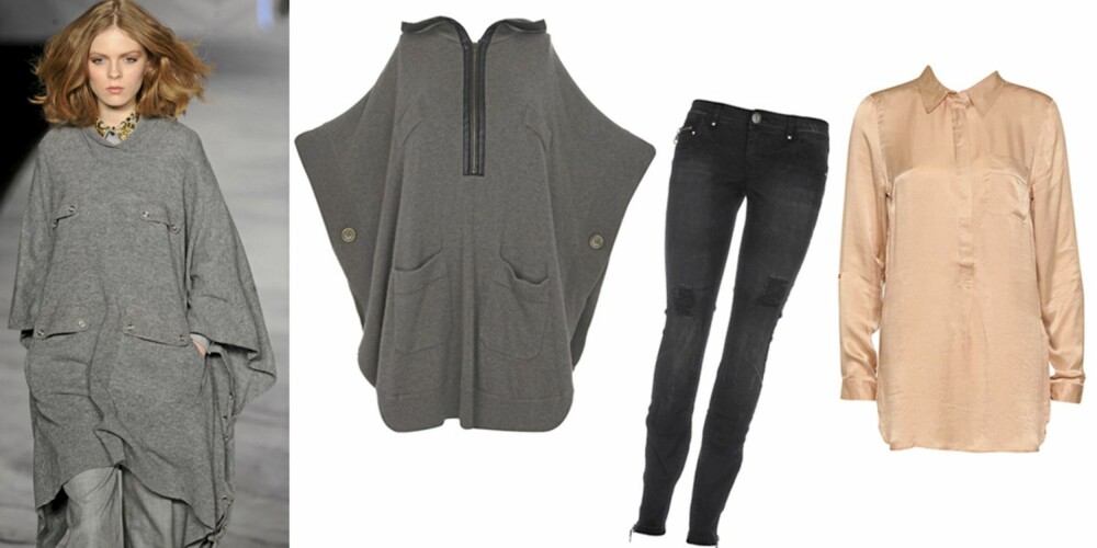 FRA VENSTRE: Grå cape med hette fra Warehouse (kr 673), svart jeans fra Only (kr 499,95), lang bluse fra Vero Moda (kr 399). FRA VENSTRE: Grå cape med hette fra Warehouse (kr 673), svart jeans fra Only (kr 499,95), lang bluse fra Vero Moda (kr 399).