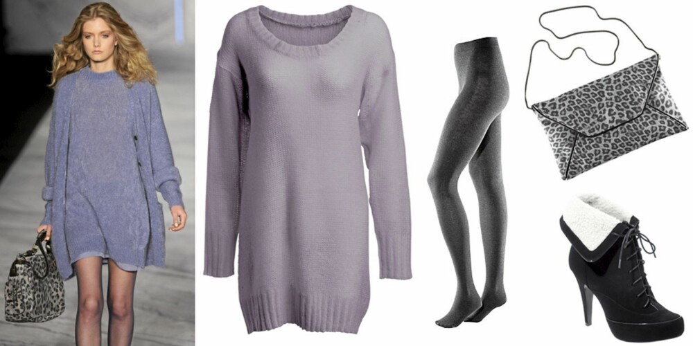 FRA VENSTRE: Lang genser fra Ellos (kr 149), grå strømpebukse (kr 79,50), grå leopardveske (kr 149) begge fra H&M, sorte sko fra Asos (kr 528). FRA VENSTRE: Lang genser fra Ellos (kr 149), grå strømpebukse (kr 79,50), grå leopardveske (kr 149) begge fra H&M, sorte sko fra Asos (kr 528).