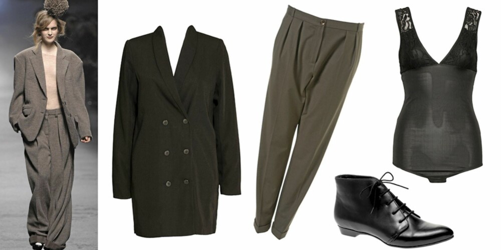 FRA VENSTRE: Sort blazer i herrefasong fra Only (kr 399), dressbukse fra Topshop (kr 431), ankelsko fra Asos (kr 431), body fra Vila (kr 249). FRA VENSTRE: Sort blazer i herrefasong fra Only (kr 399), dressbukse fra Topshop (kr 431), ankelsko fra Asos (kr 431), body fra Vila (kr 249).