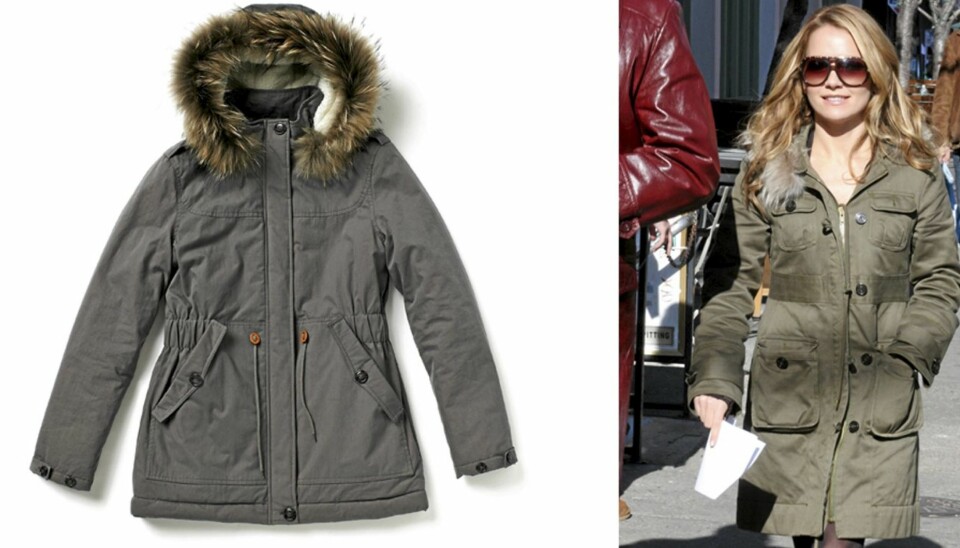 POPULÆR: Parkas fra Samsøe Samsøe (kr 1800), Becky Newton iført parkas på Ugly Betty-settet.