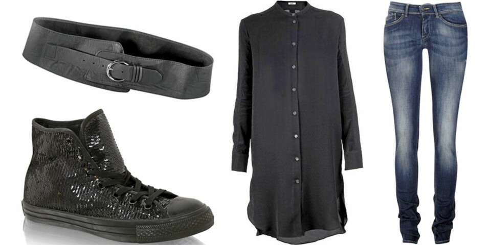 MANDAG: Bruk en lang bluse over et par jeans med et belte i livet og lave sko.