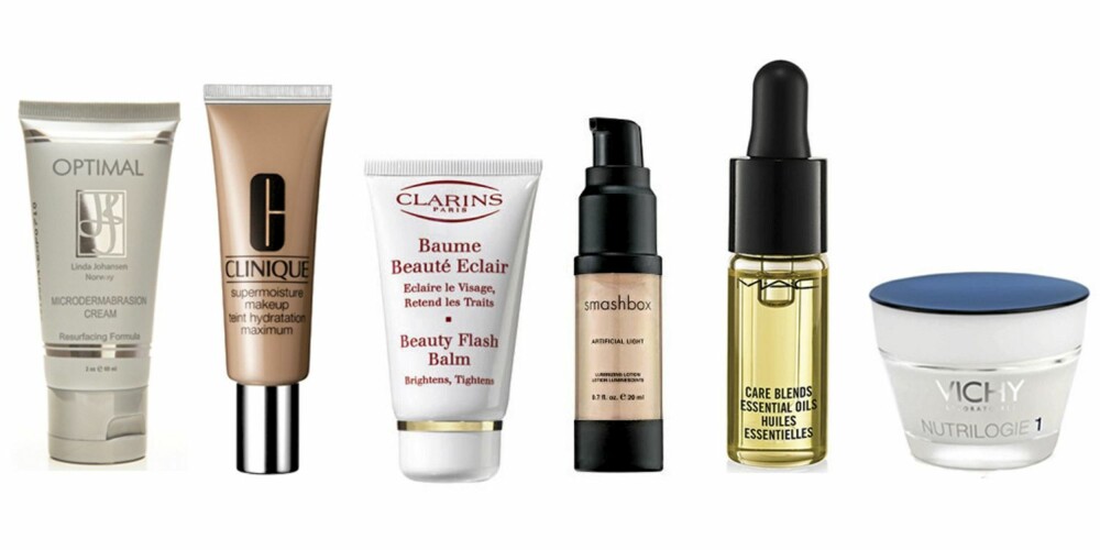 FRA VENSTRE: Linda Johansen Microdermabrasion Cream (kr 649), Clinique Supermoisture Makeup (ker 260), Clarins Beauty Flash Balm (kr 330), Smashbox Artificial Light Illuminator (kr 279), MAC Care Blends ansiktsolje (ca kr 210) og Vichy Nutrilogie dagkrem (kr 214)