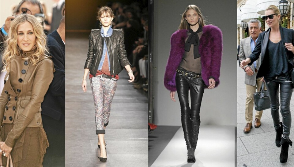 TRENDY MED SKINN: Sarah Jessica Parker, Isabel Marant, Balmain og Kate Moss sverger til skinn denne sesongen.