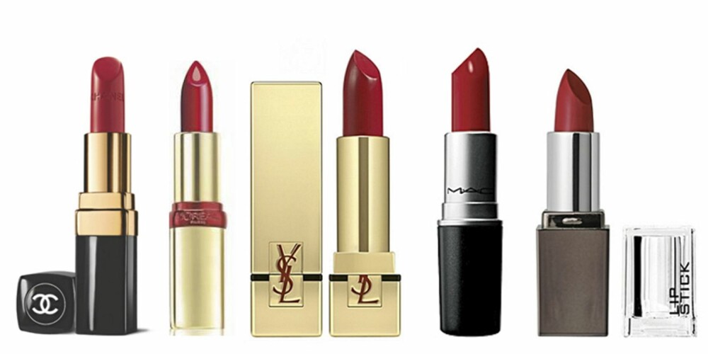 FRA VENSTRE: Chanel Rouge Coco i Gabrielle (kr 260), L'Oréal Color Riche Serum i Bright Burgundy (kr 139), YSL Rouge Pur Couture i Le Rouge (kr 265) MAC Lipstick i Russian Red (kr 155) og HogM Lipstick i Access To Me (kr 69,50)