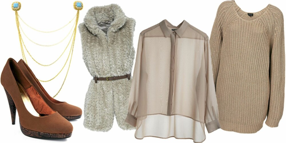 FRA VENSTRE: Pumps fra HM (kr 299), lenge fra Friis (kr 249), vest fra Next (kr 425), transparent skjorte fra Weekday (kr 400), strikkegenser fra Topshop (kr 400). FRA VENSTRE: Pumps fra HM (kr 299), lenge fra Friis (kr 249), vest fra Next (kr 425), transparent skjorte fra Weekday (kr 400), strikkegenser fra Topshop (kr 400).