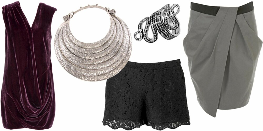 FRA VENSTRE: Kjole fra Asos (kr 479), smykke fra Asos (kr 449), shorts fra Topshop (kr 289), ring fra Indiska (kr 99), skjørt fra Topshop (kr 285). FRA VENSTRE: Kjole fra Asos (kr 479), smykke fra Asos (kr 449), shorts fra Topshop (kr 289), ring fra Indiska (kr 99), skjørt fra Topshop (kr 285).