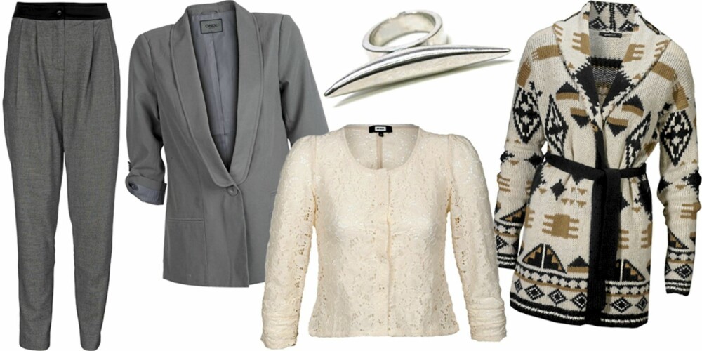 FRA VENSTRE: Dressbukse fra Vero Moda (kr 450), blazer fra Only (kr 359), jakke fra Bik Bok (kr 249), ring fra Friis (kr 139), strikkejakke fra Gina Tricot (kr 499). FRA VENSTRE: Dressbukse fra Vero Moda (kr 450), blazer fra Only (kr 359), jakke fra Bik Bok (kr 249), ring fra Friis (kr 139), strikkejakke fra Gina Tricot (kr 499).