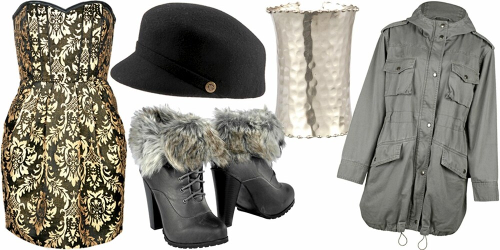 FRA VENSTRE: Kjole fra HM (kr 399), hatt fra Asos (kr 179), boots fra Ellos (kr 449), armbånd fra Warehouse (kr 199), parkas fra Bik Bok (kr 499). FRA VENSTRE: Kjole fra HM (kr 399), hatt fra Asos (kr 179), boots fra Ellos (kr 449), armbånd fra Warehouse (kr 199), parkas fra Bik Bok (kr 499).