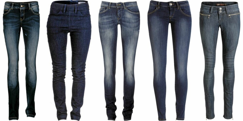 FRA VENSTRE: Vero Moda (kr 400), Acne (kr 1000), Pepe Jeans (kr 999), Fornarina (kr 1199), Ellos (kr 399).