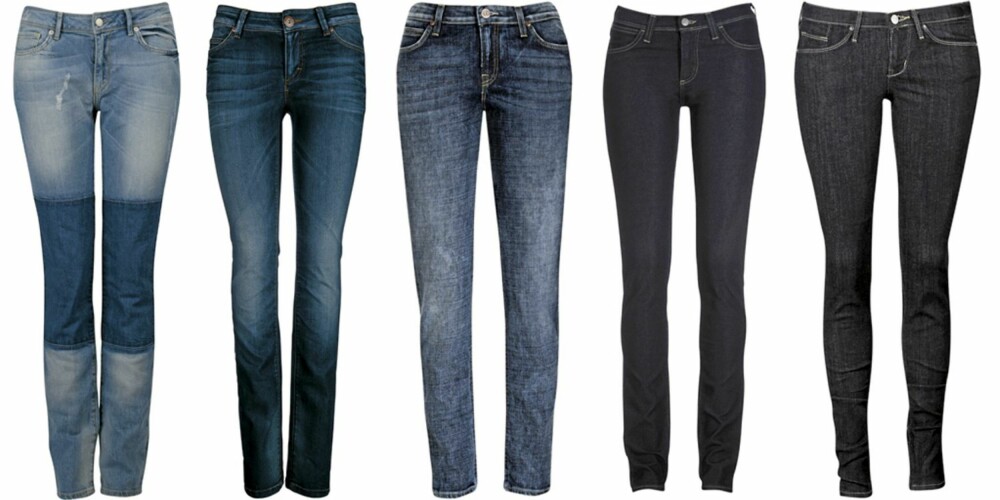 FRA VENSTRE: Flat Top (kr 599), Only (kr 550), Lee (kr 799), Wrangler (kr 799), Levi's (kr 799).