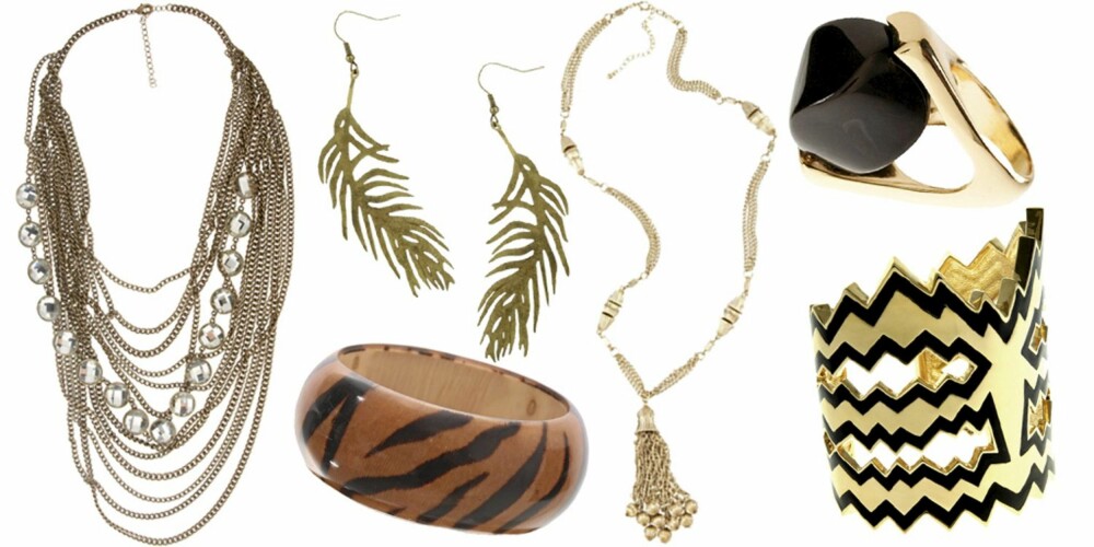 FRA VENSTRE: kjede fra Talullah Tu (kr 281), øredobber fra Gina Tricot (kr 59), armbånd fra Nelly (kr 79), kjede fra Bikbok (kr 99), ring fra H&M (kr 49,50), armbånd fra Disaya (kr 1219). FRA VENSTRE: kjede fra Talullah Tu (kr 281), øredobber fra Gina Tricot (kr 59), armbånd fra Nelly (kr 79), kjede fra Bikbok (kr 99), ring fra H&M (kr 49,50), armbånd fra Disaya (kr 1219).