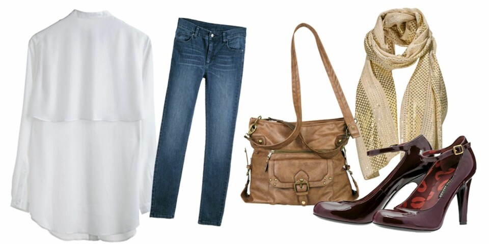 FRA VENSTRE: Skjortebluse fra Monki(kr 350,-), Jeans fra Monki (kr 300), Veske fra Cubus (kr 199), Skjerf fra Gina Tricot (kr 89), Sko fra Marc Jacobs (kr 2900)